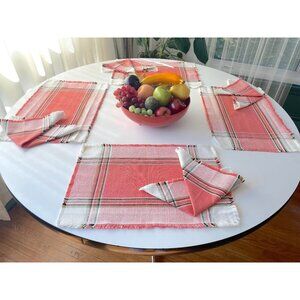 Vintage 80s placemats and napkins set, pink green white plaid, 4 place settings